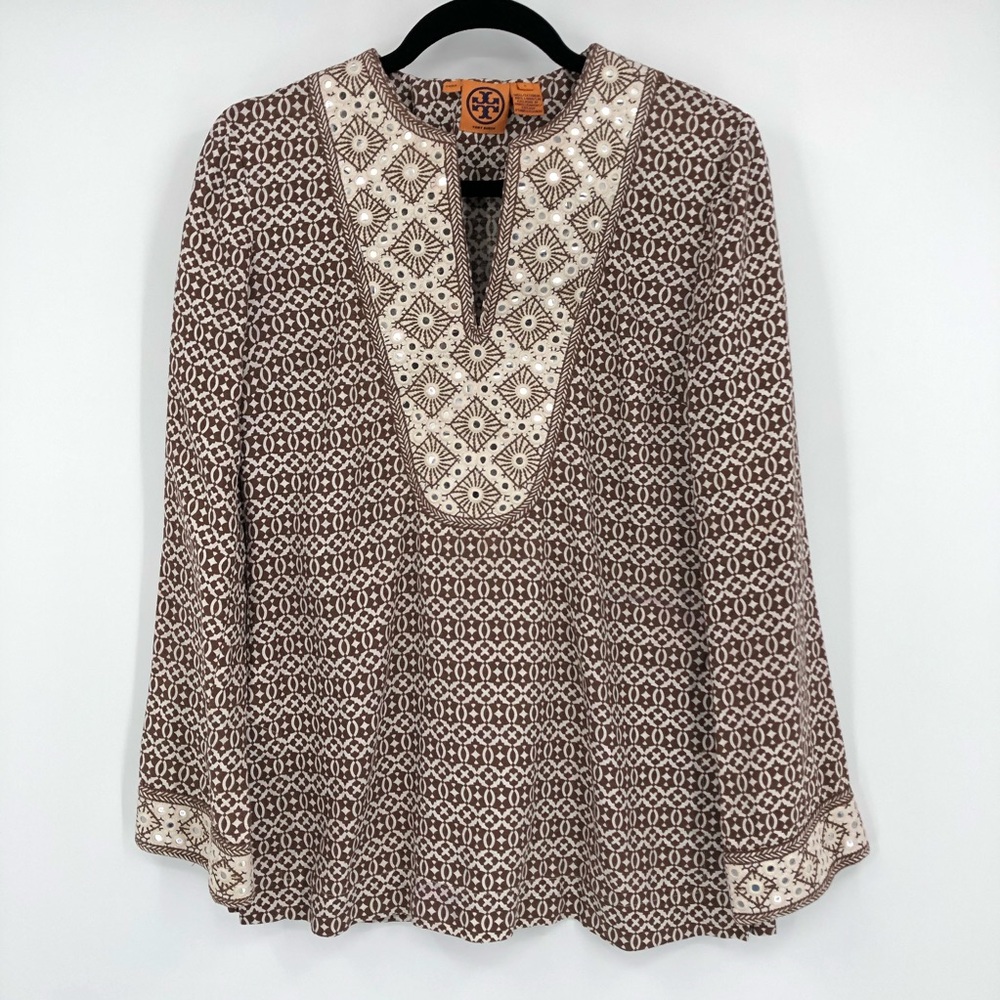 Tory Burch 6 Embellished Tunic Top Linen Print
